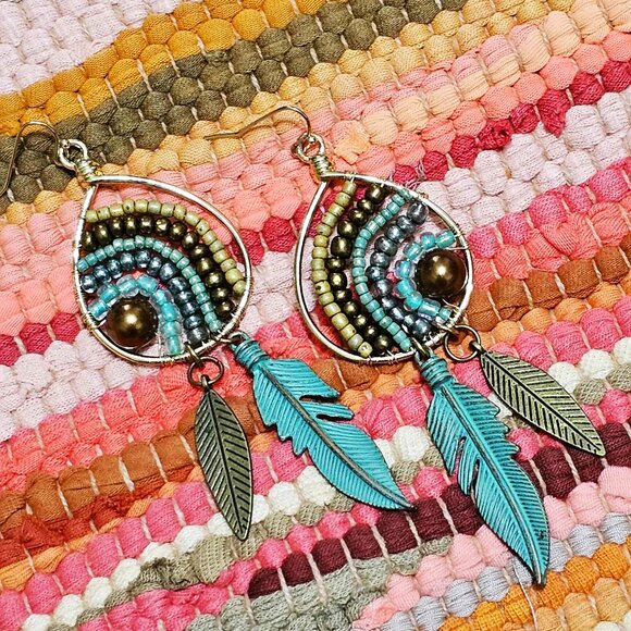 Hand Crafted Jewelry - Artisan Hand Crafted Earrings Gold Teardrop Hoop Aqua Beige Brown Beaded Pierced